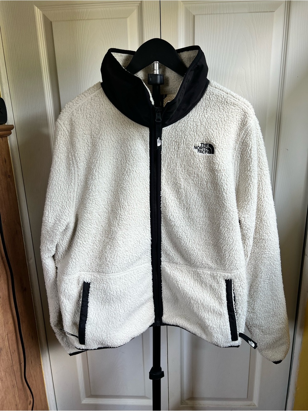 The North Face Women's White Sherpa Fleece Jacket with Black Trim